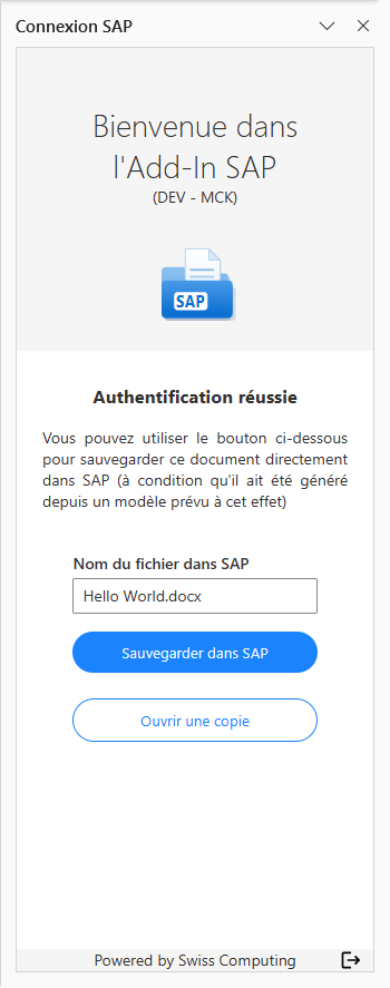 Le panneau latéral de l'Add-In, prêt à envoyer le document dans SAP